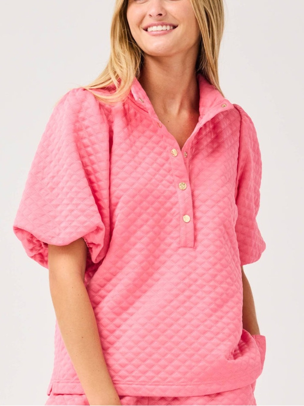 Mary Square Quilted Bubble Sleeve Pink Pullover Top Button-Up Textured Blouse